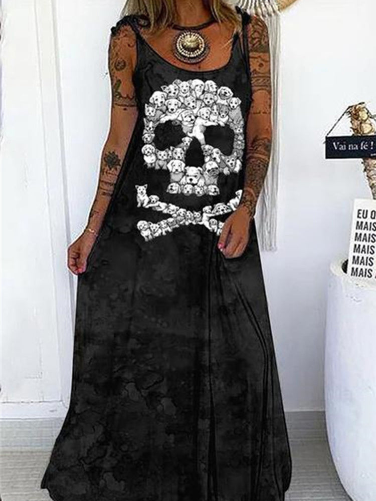 Loose Punk Skull-printed Lace-up Cami Dress