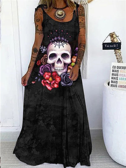 Loose Punk Skull-printed Lace-up Cami Dress