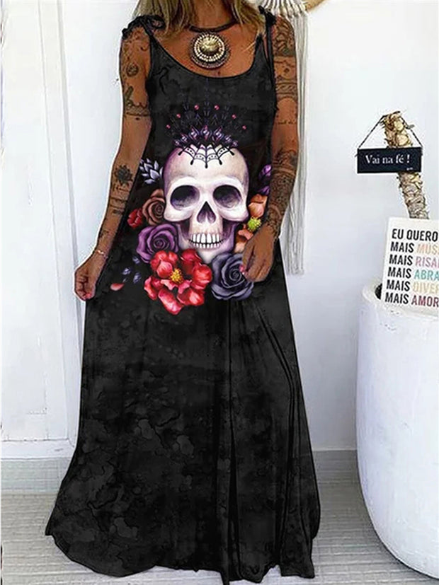 Loose Punk Skull-printed Lace-up Cami Dress