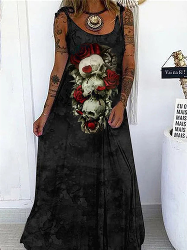 Lockeres Camisole-Kleid mit Punk-Totenkopf-Print und Schnürung 