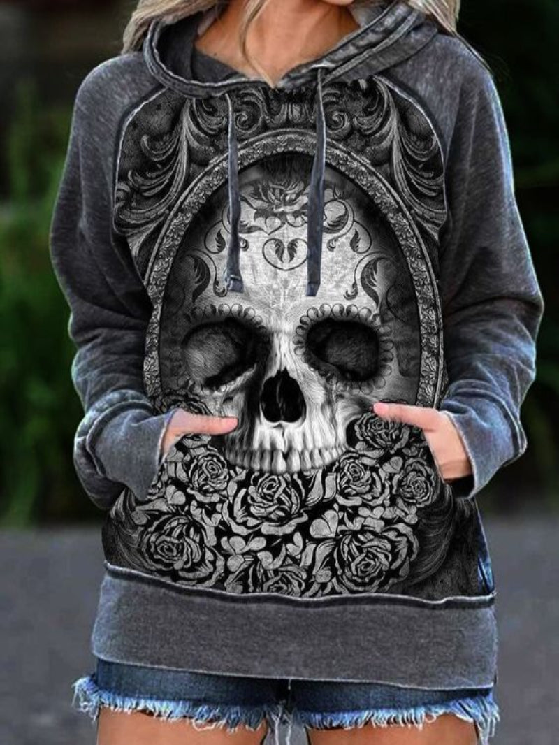 Trendiger Damen-Kapuzenpullover mit Punk-Totenkopf-Print 