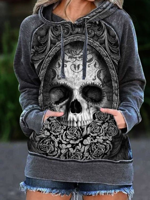 Trendiger Damen-Kapuzenpullover mit Punk-Totenkopf-Print 