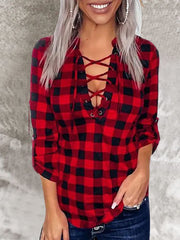 Stand-up collar pullover sexy plaid red long-sleeved shirt