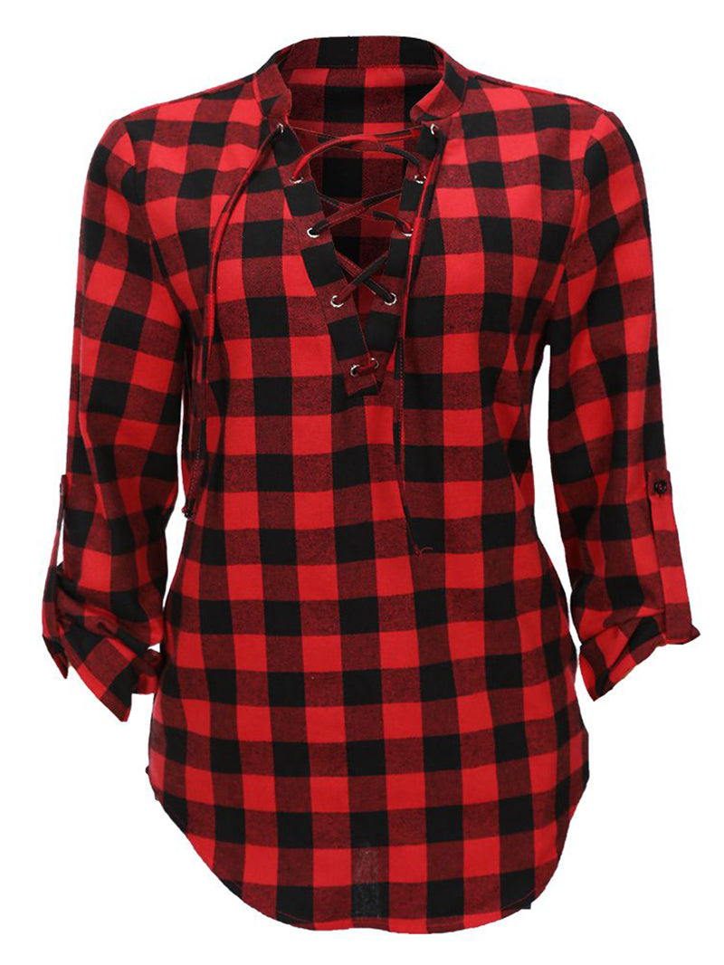 Stand-up collar pullover sexy plaid red long-sleeved shirt