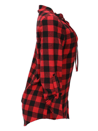 Stand-up collar pullover sexy plaid red long-sleeved shirt