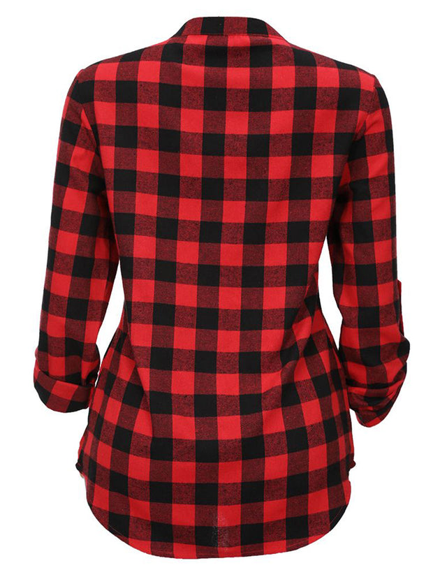 Stand-up collar pullover sexy plaid red long-sleeved shirt