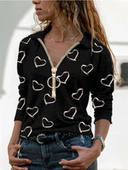 Long-sleeved V-neck Heart Printed Zipper Shirt