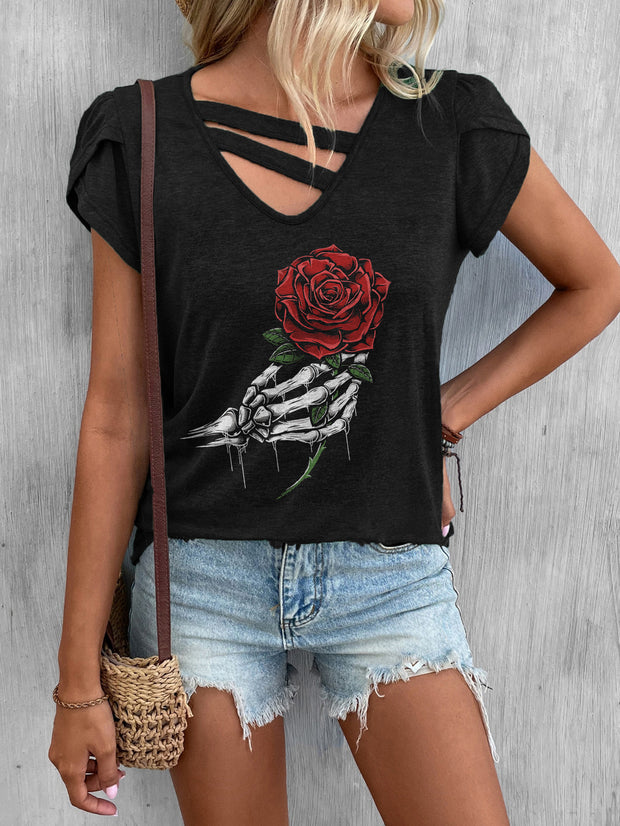T-shirt ample à manches pétales et col en V imprimé Skull Hand Rose 