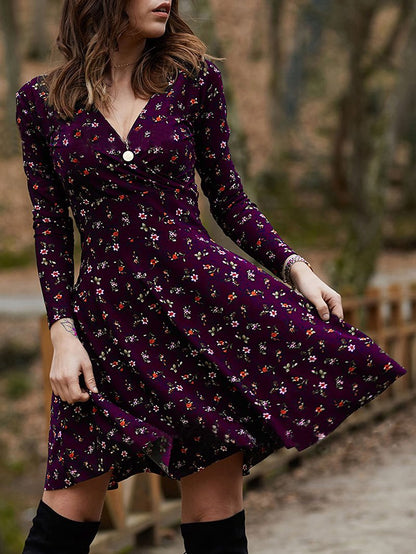 Floral Long-sleeved Sexy V-neck Dress Large Hem Long Dress