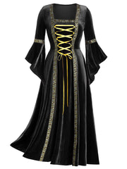 Gothic punk style long-sleeved lace-up gold velvet dress robe