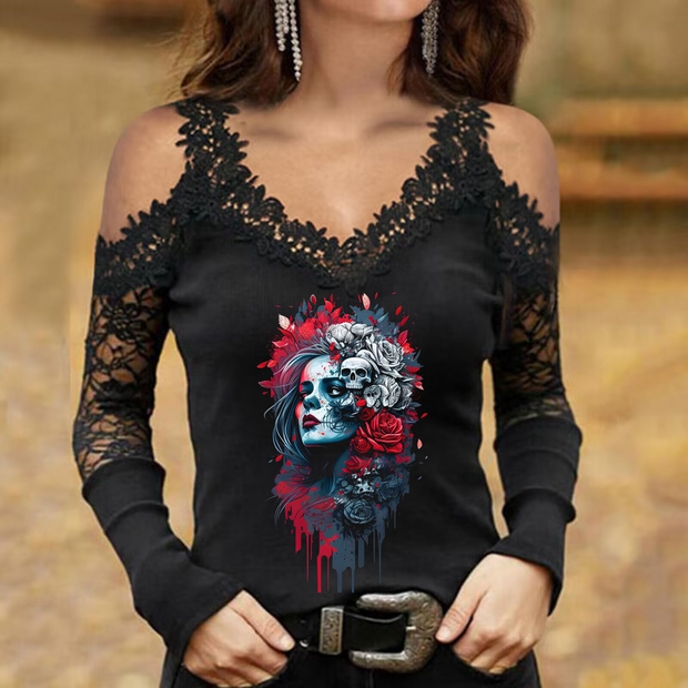 Rose Skull Pretty Woman Print Lace Sleeves Strappy V-neck Top