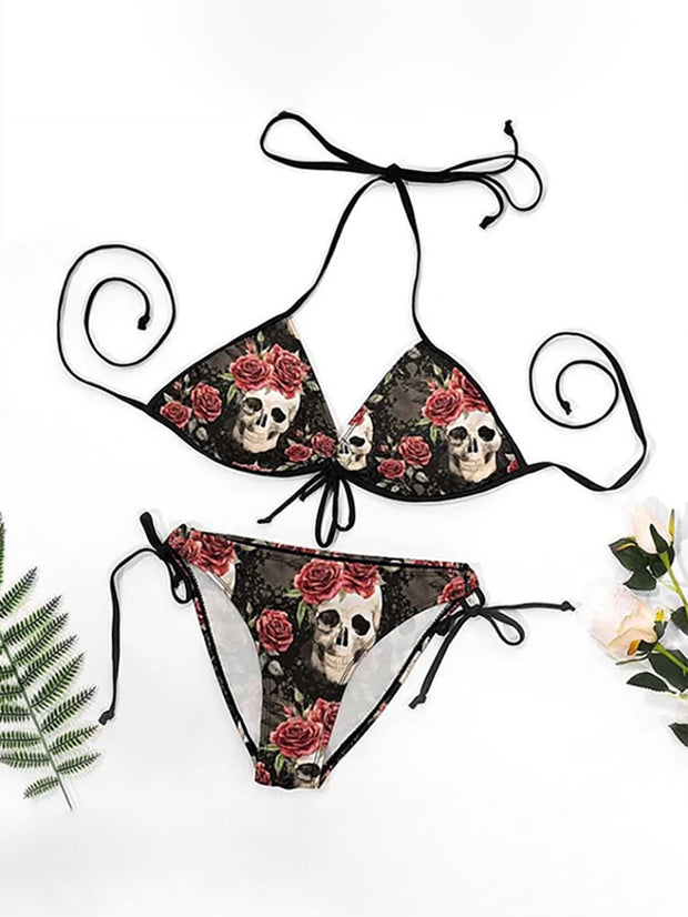 Sexy Bikini-Badeanzug-Set mit Totenkopf-Blumenmuster 