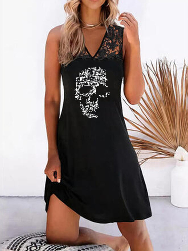 Rhinestone V-Neck Stitching Lace Vest Dress