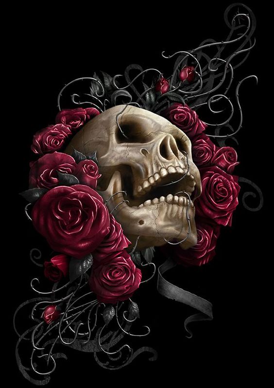 Gothic Rose & Skull Print Lace-Up Off-Shoulder T-shirt