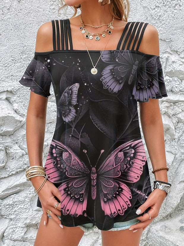 Butterfly Print Sexy off-Shoulder Short Sleeve Suspenders Top