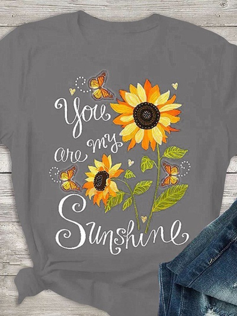 Kurzärmliges T-Shirt mit Schmetterlings- und Sonnenblumen-Aufdruck 