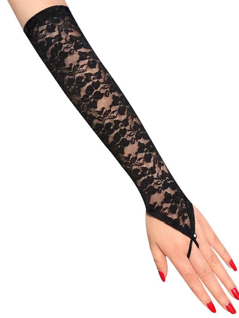 Elbow Length Semi Sheer Lace Gloves