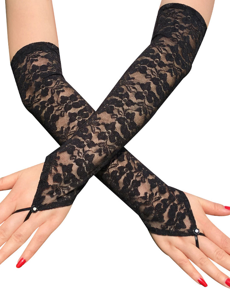 Elbow Length Semi Sheer Lace Gloves