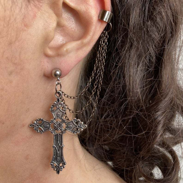 Gothic Cross Clip Drop Earrings