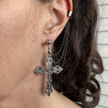 Gothic Cross Clip Drop Earrings