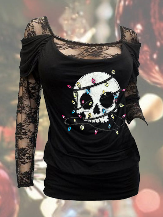 Sexy Langarm-Top mit Blumenspitze und Weihnachtslichtern im Totenkopf-Design