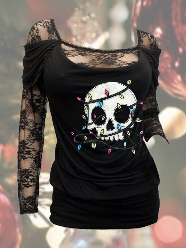Christmas Lights Skull Sexy Floral Lace Long Sleeve Top
