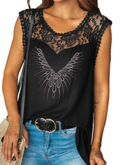 Flower Rhinestone Print Sexy Lace Lace Short-Sleeved T-shirt
