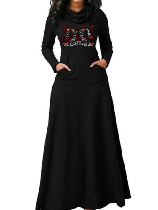 Butterfly Skull Stacked Neck Swing Long Sleeve Dress