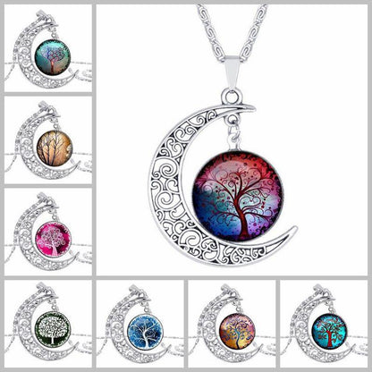 Collier Lune Ajourée Pendentif Arbre de Vie Pierre du Temps 