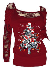 Skeleton Christmas Tree Sexy Floral Lace Long Sleeve Top