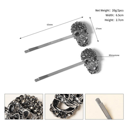 Haarspange mit Strasssteinen, Totenkopf, Spinne und Fledermaus 