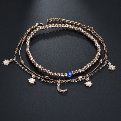 Bracelet de cheville étoile de lune en perles multicouches pour femmes 