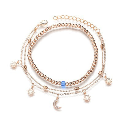 Bracelet de cheville étoile de lune en perles multicouches pour femmes 