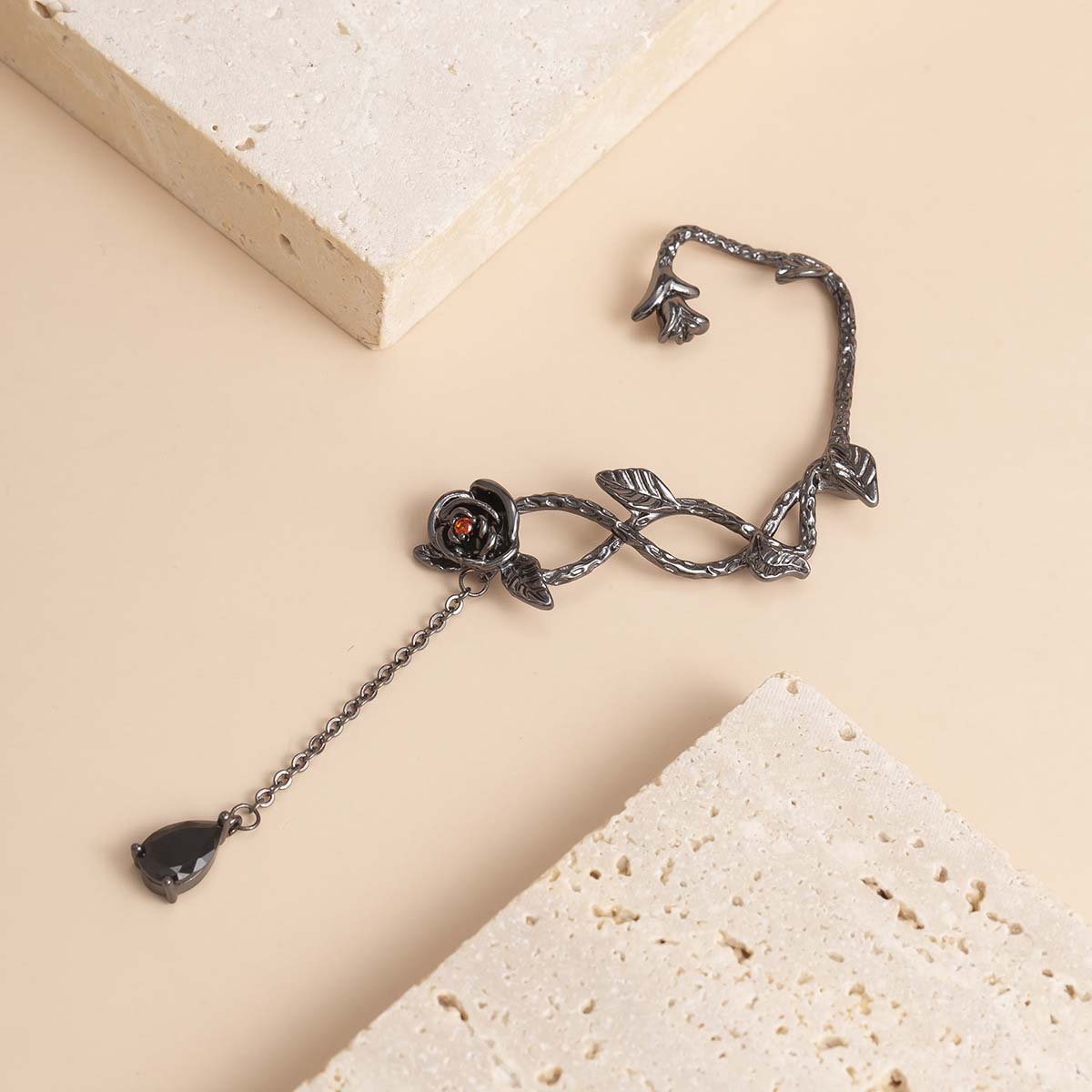 Rose Vine Teardrop Pendant Ear Cuff