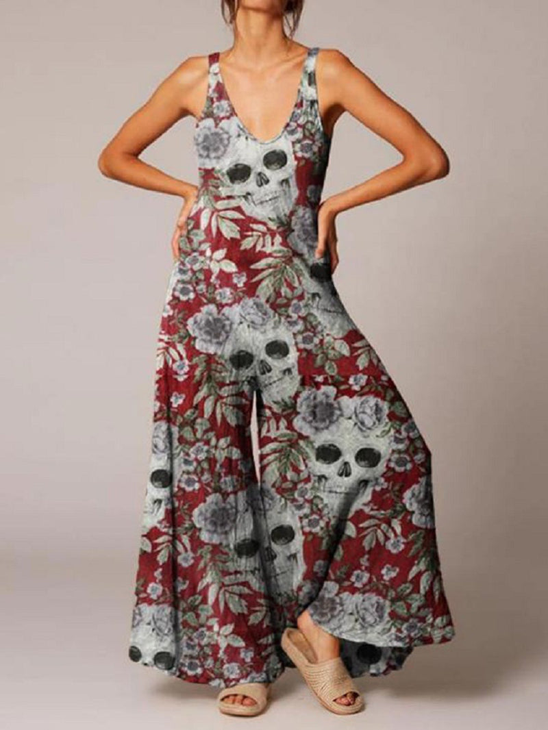 Deep-V Skull Printed Wide Leg Jumpsuit