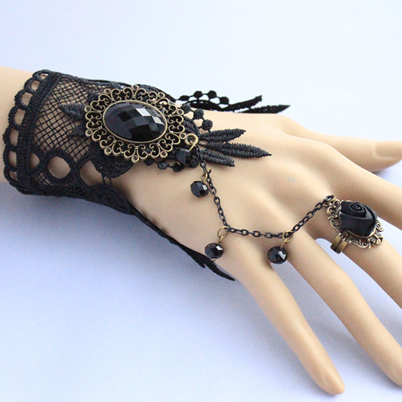 Black Lace Faux Gem Punk Ring Bracelet