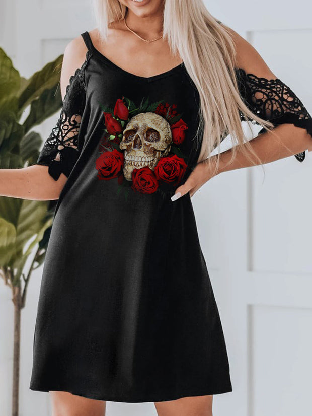 Punk Skull Rose Print off-the-Shoulder Strap Dress