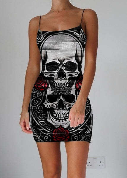 Gothic Rose Skull Printed Sexy Slim Strap Dress