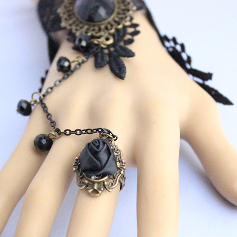 Black Lace Faux Gem Punk Ring Bracelet