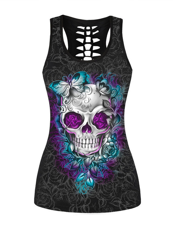 Skull Hellfire And Flower Print Vest