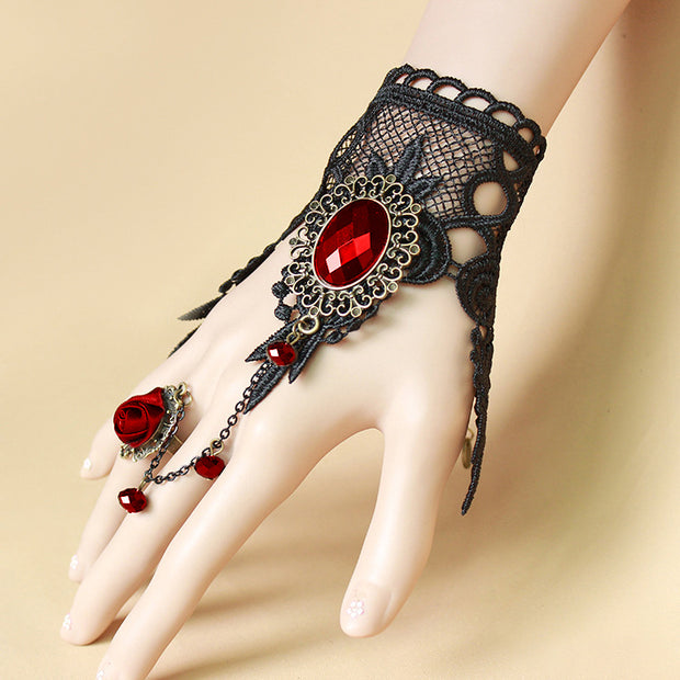 Bracelet gothique rétro en dentelle avec anneau rose 