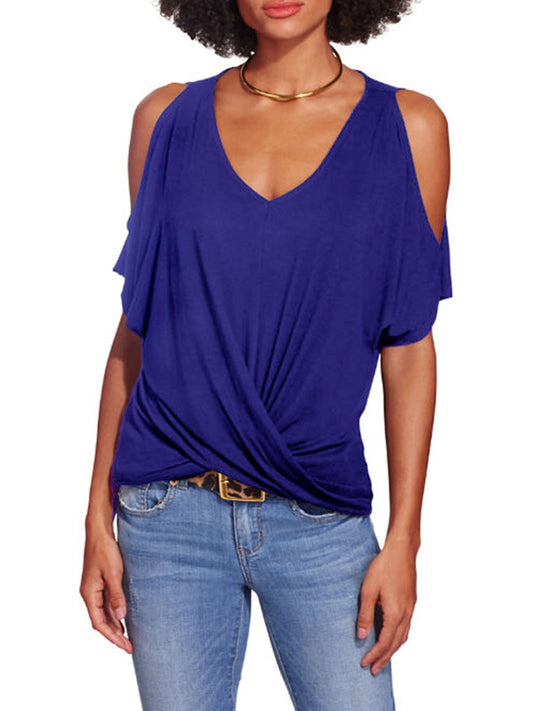 Women's Irregular Strapless Sexy Deep V Short-Sleeved T-shirt