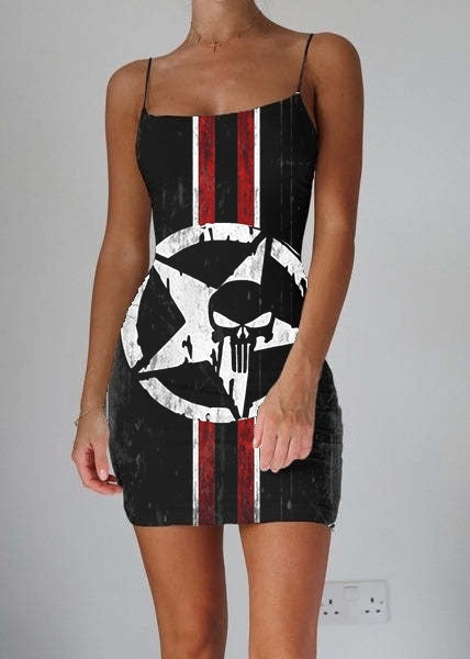 Sexy Kleid mit schmalen Trägern und Pentagramm-Totenkopf-Aufdruck