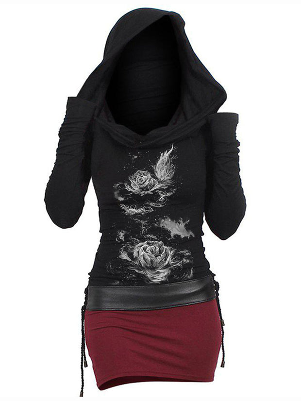 Gothic Smoke Rose Print Color Block Hooded Dress