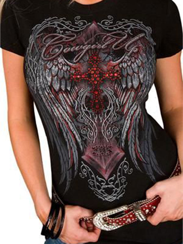 T-shirt décontracté imprimé ailes rouges gothiques 