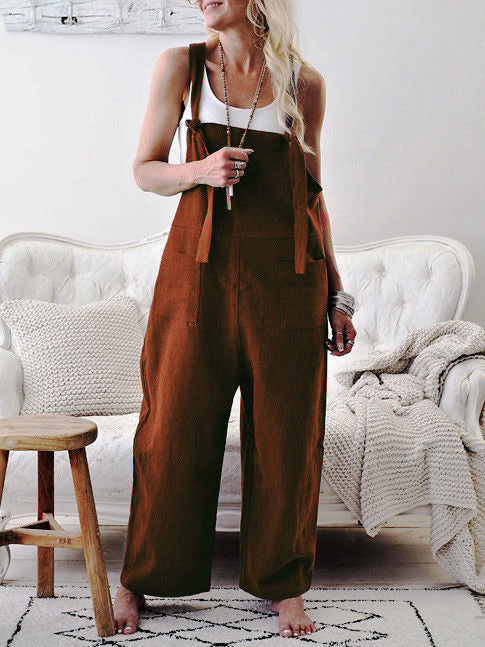 Women's Casual Wide-leg Solid Color Linen Jumpsuit