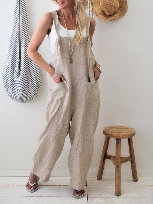 Women's Casual Wide-leg Solid Color Linen Jumpsuit