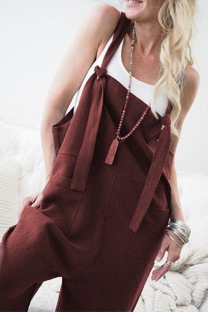 Women's Casual Wide-leg Solid Color Linen Jumpsuit