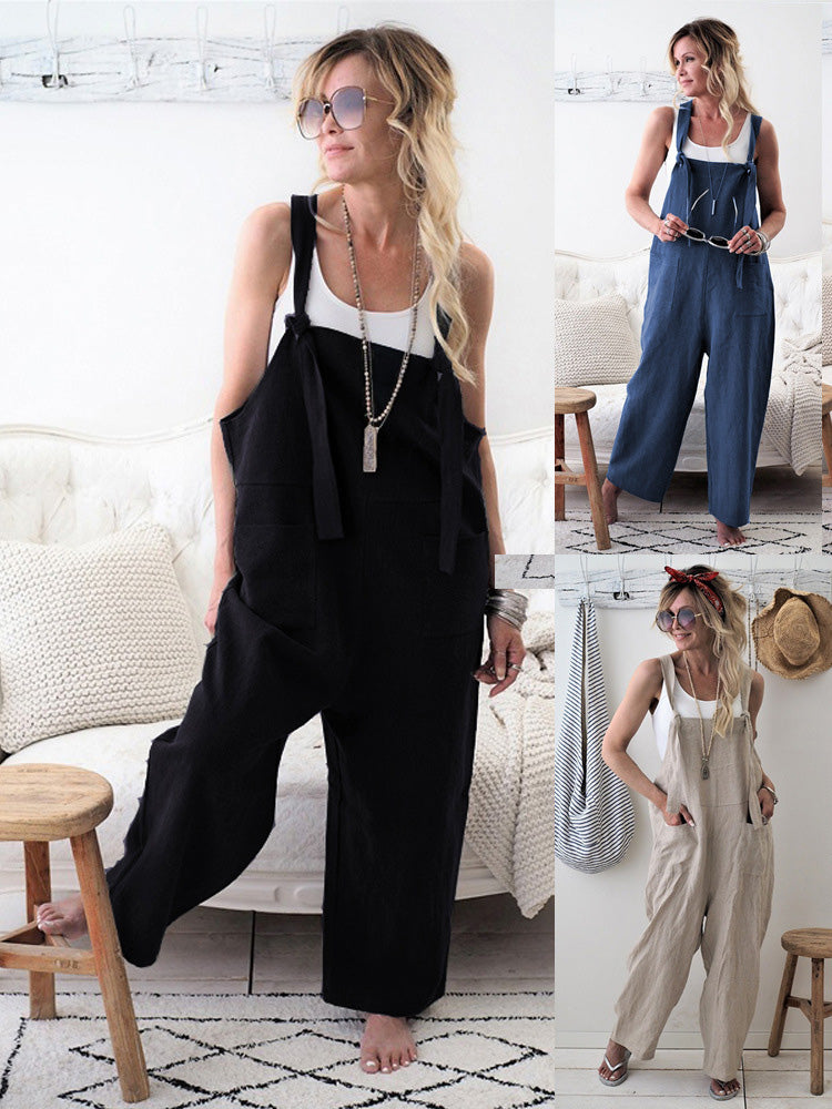 Women's Casual Wide-leg Solid Color Linen Jumpsuit