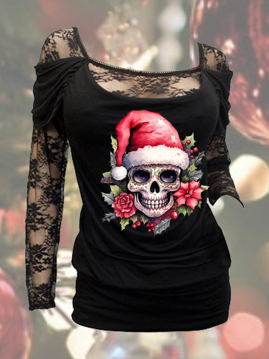 Calavera Christmas Sexy Floral Lace Long Sleeve Top